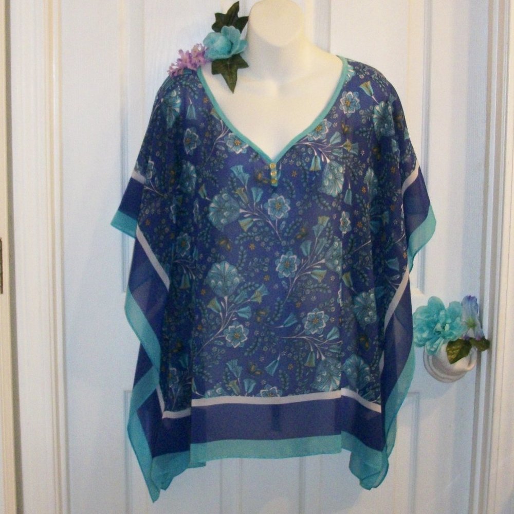 TALBOTS Floral Print Chiffon Scarf Top Sz S Purple Aqua White Floral